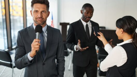 A journalist interviews a businessman in a conference room, capturing a professional and political setting.