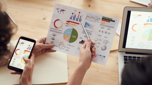 Team members analyze charts during a business meeting with laptops and smartphones.